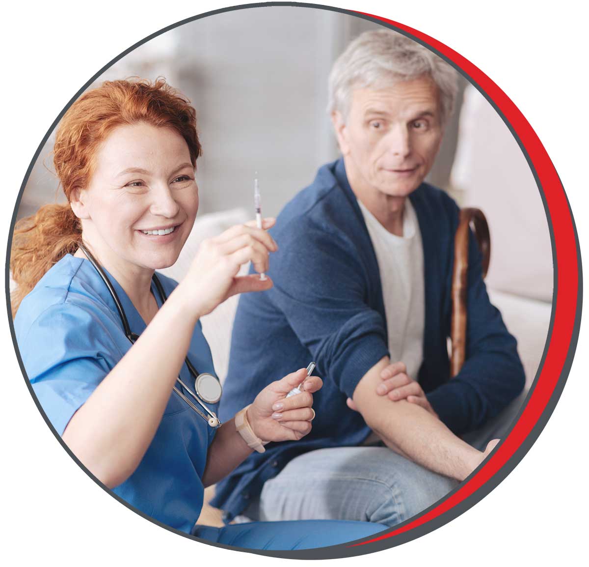 In Saline County, a smiling nurse in blue scrubs preparing a syringe while an older male patient sits nearby with his sleeve rolled up
