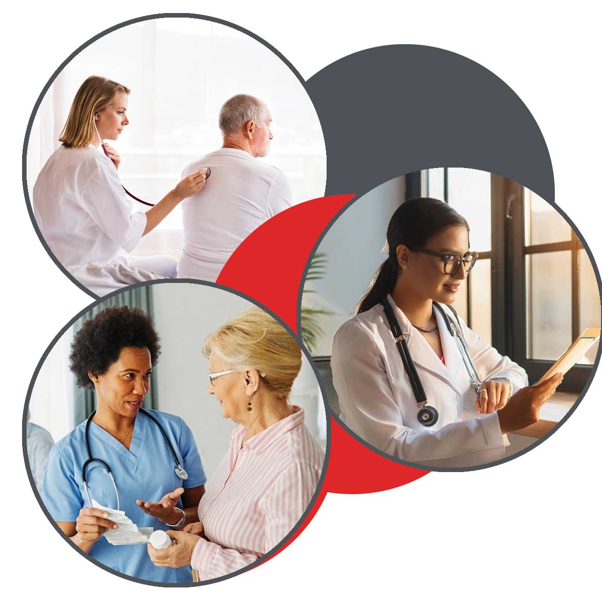 Collage showing home health nurses in Saline County KS caring for older adults, including taking vitals, discussing medications, and reviewing charts on a tablet
